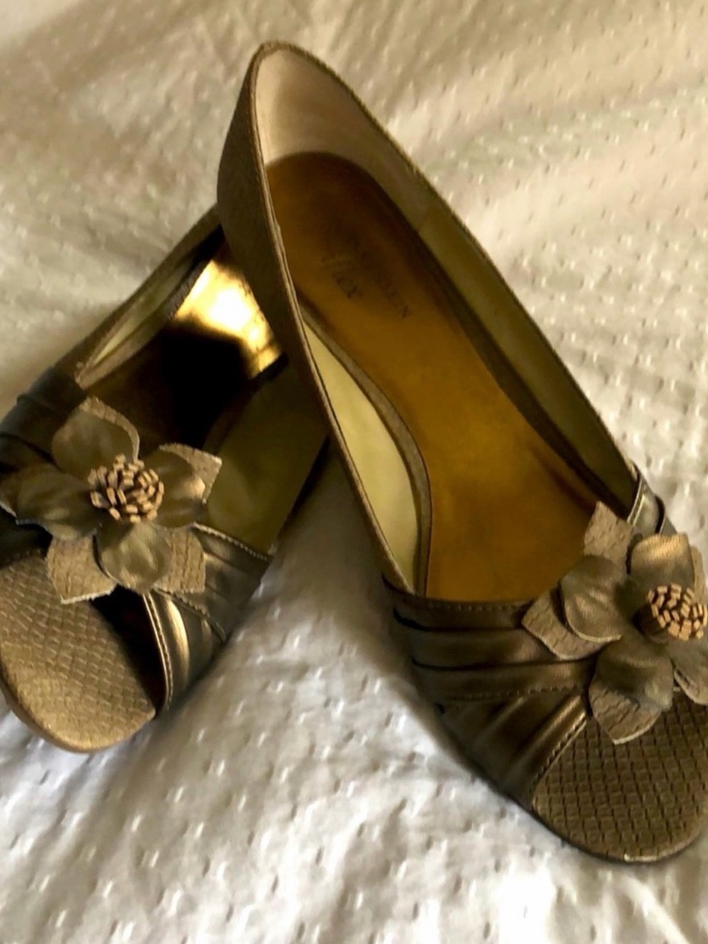 Anne Klein Women's Metallic Gold Floral Peep-Toe Flats